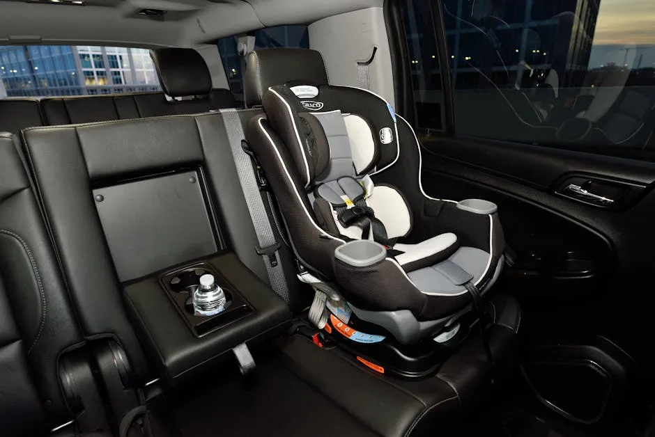 A joyful mother smiles at her baby in a car seat inside a vehicle.