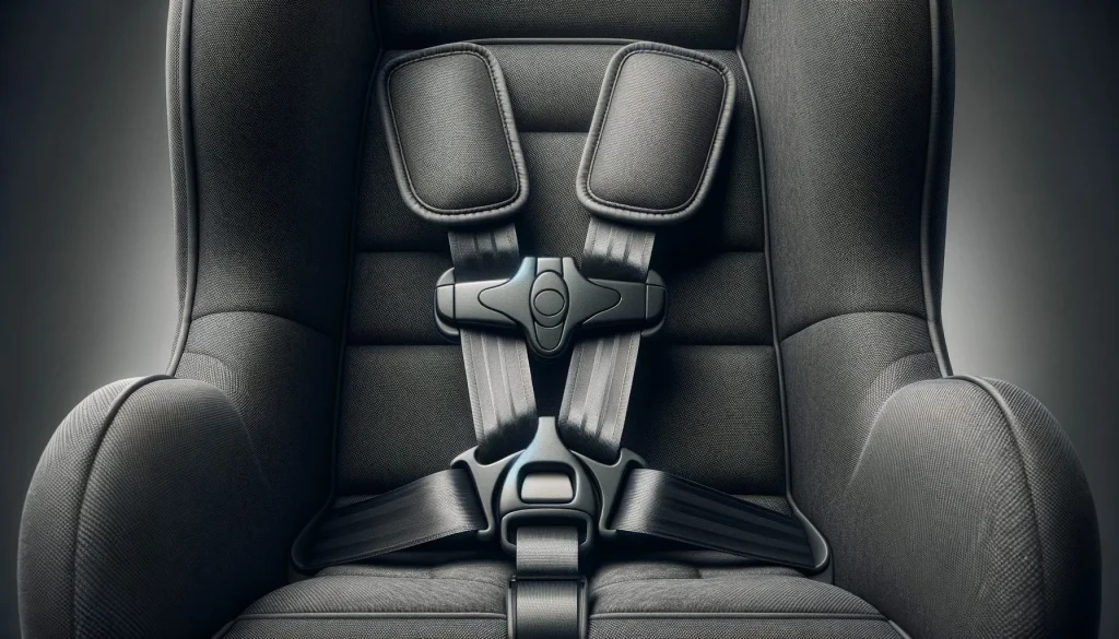 Close-up of a child car seat 5-point harness buckle and chest clip safety mechanism