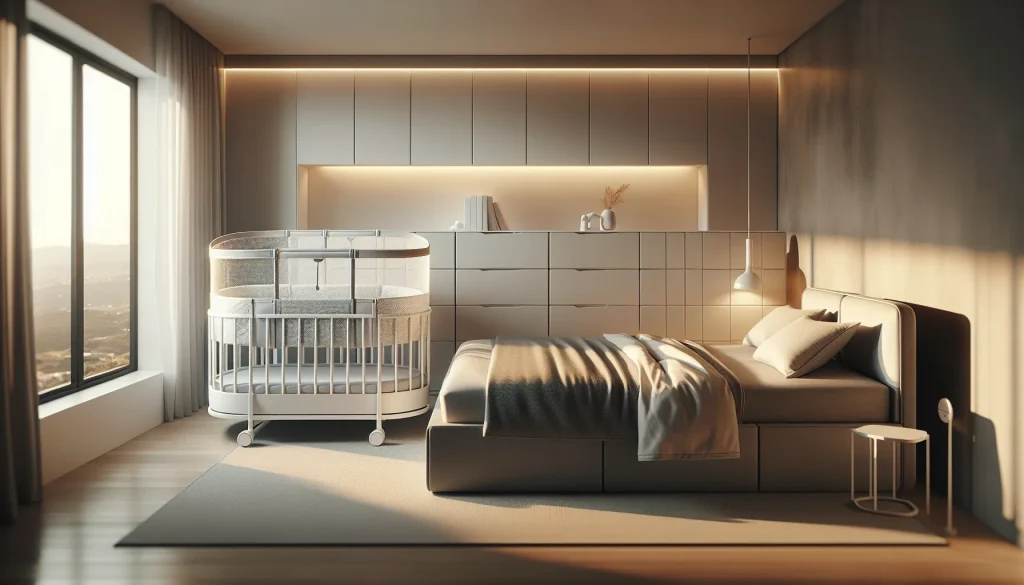 Bedside crib positioned next to parents bed in a modern UK bedroom
