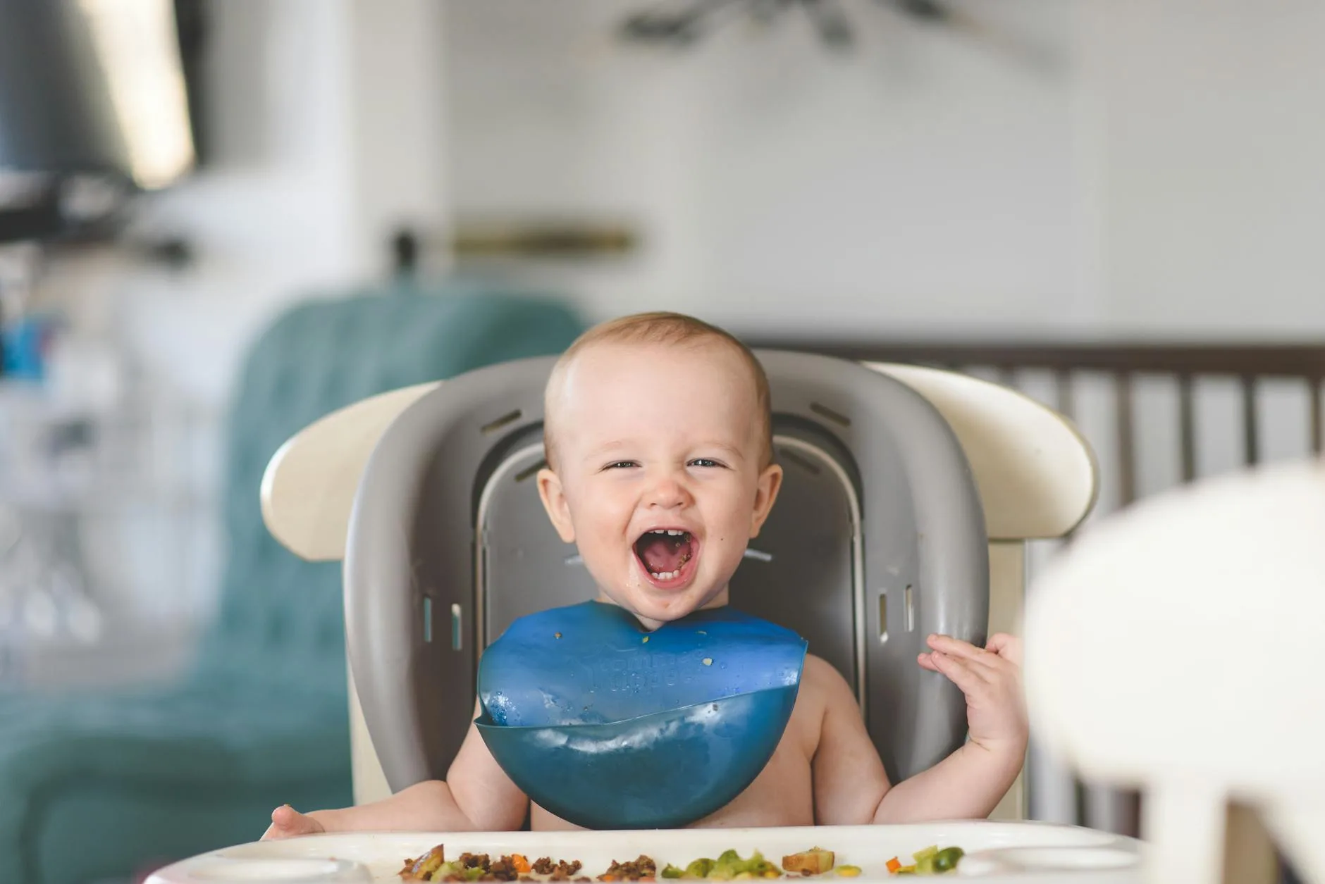 Toddler eating solid food during weaning in a highchair