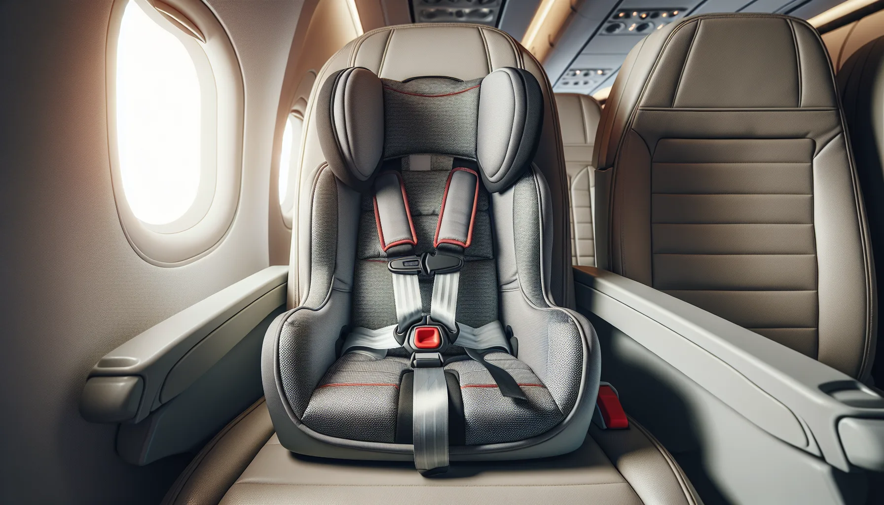 Close-up of a child car seat with five-point harness installed on an aircraft seat