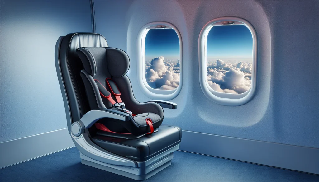Child car seat with five-point harness installed on an aeroplane seat next to the window