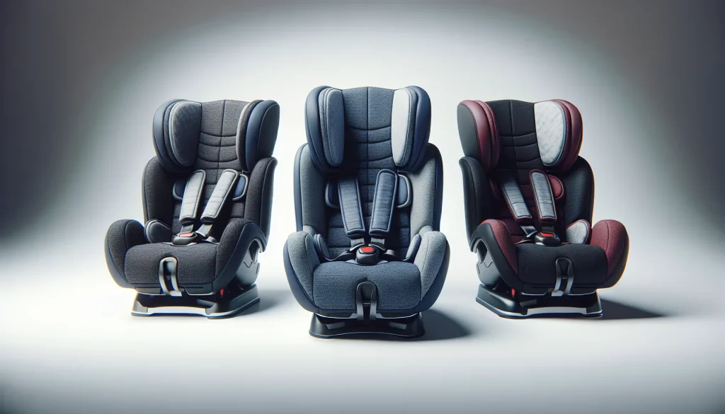 Three mid-range child car seats lined up for comparison on white background