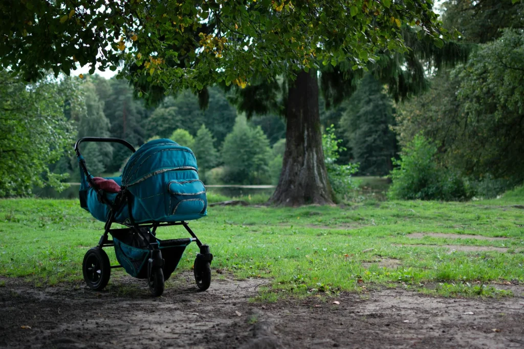 Parent pushing a pushchair through a park on a sunny day