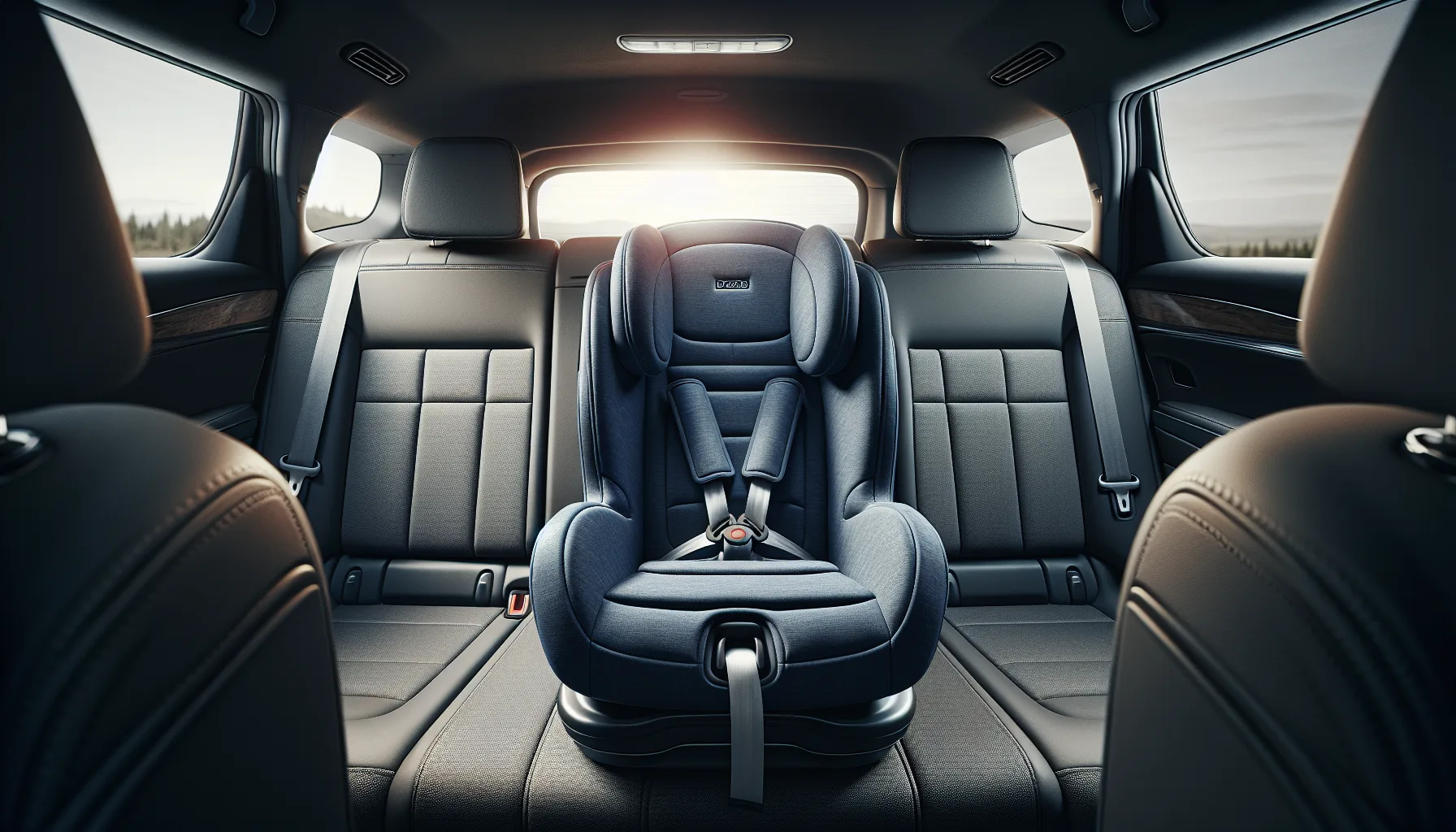 Rear-facing child car seat properly installed in back seat of car