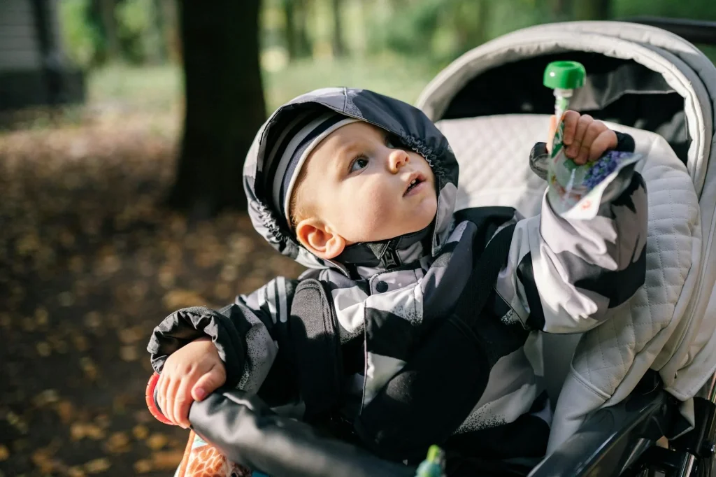 Toddler in a pushchair being walked through a park