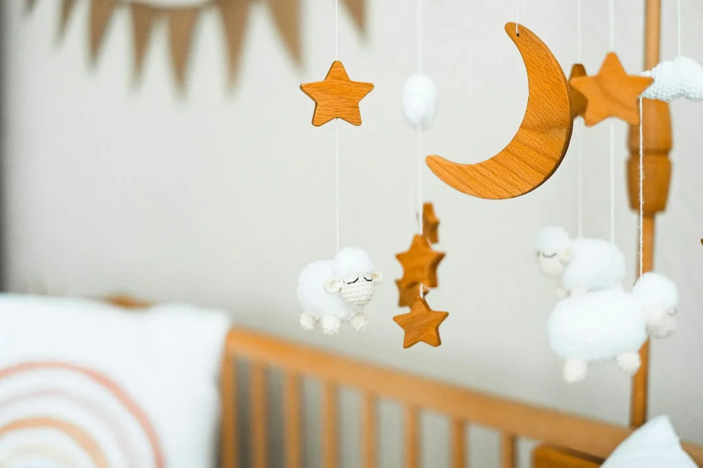 Baby crib in a peaceful nursery bedroom