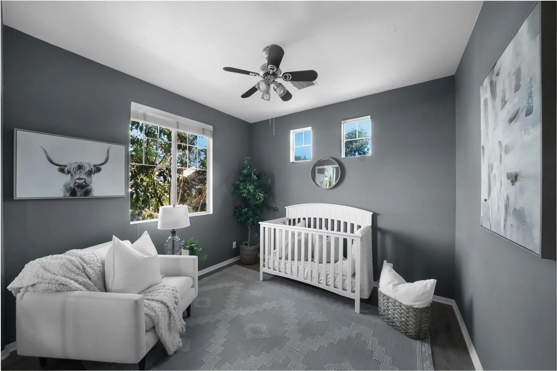 Bright nursery room with cot and baby furniture