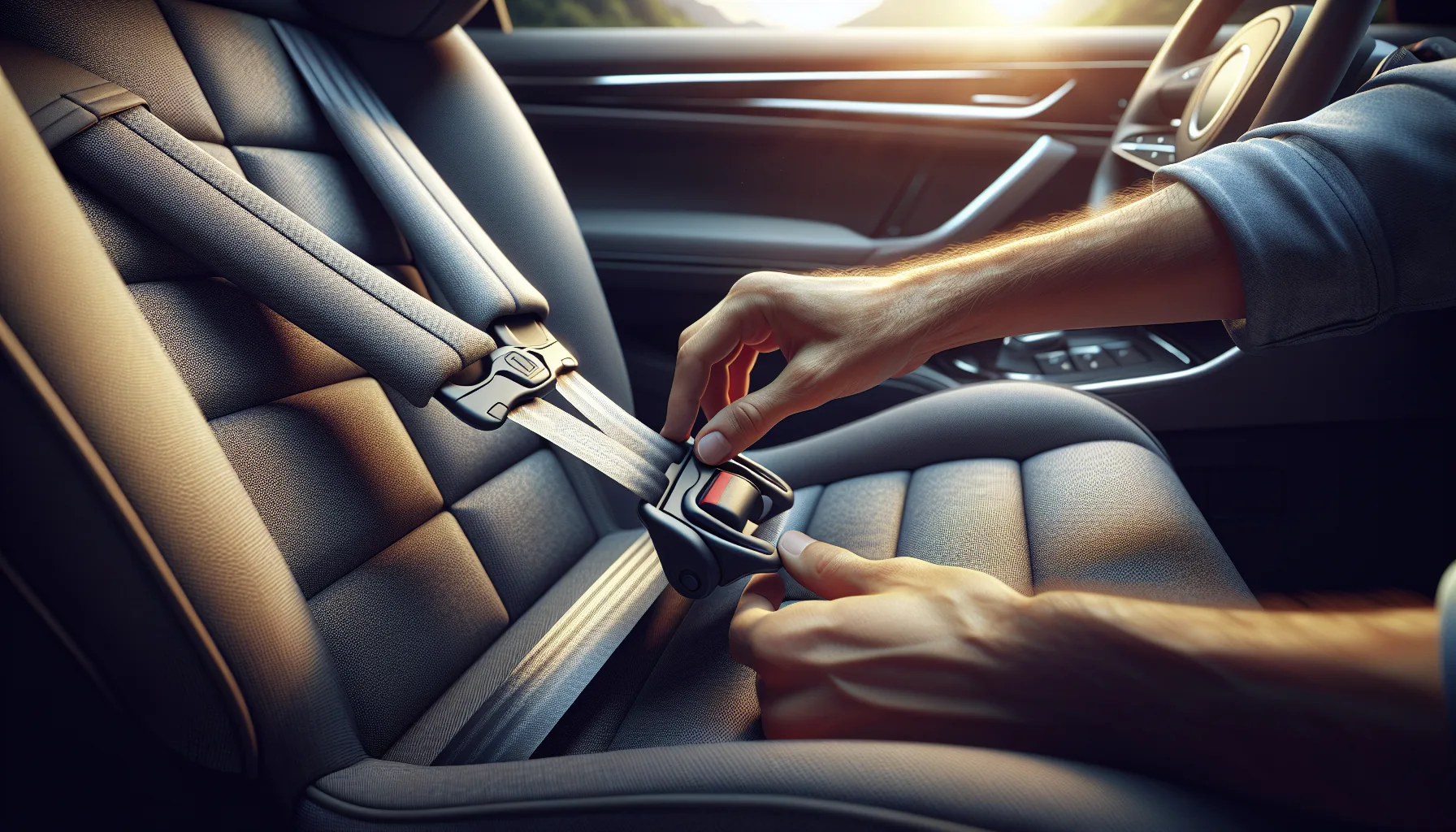 Hands adjusting car seat harness straps in a vehicle