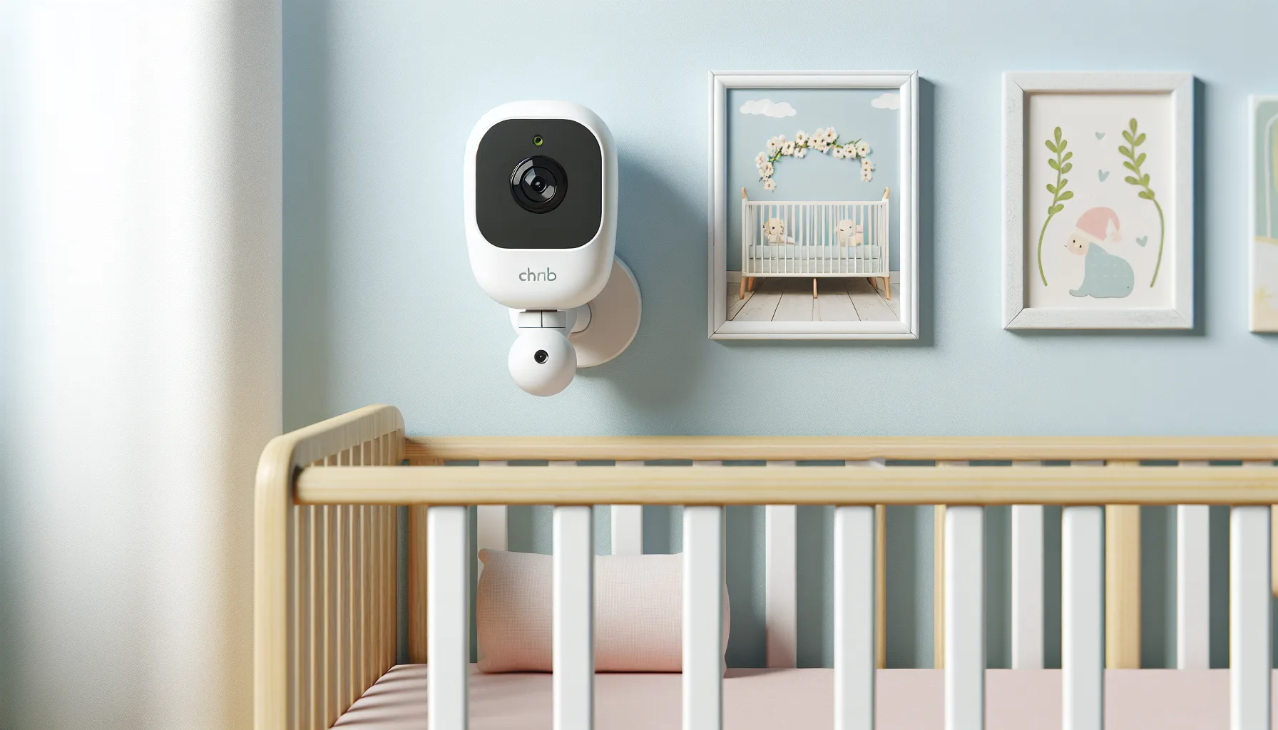 Wall-mounted indoor camera in a white nursery room