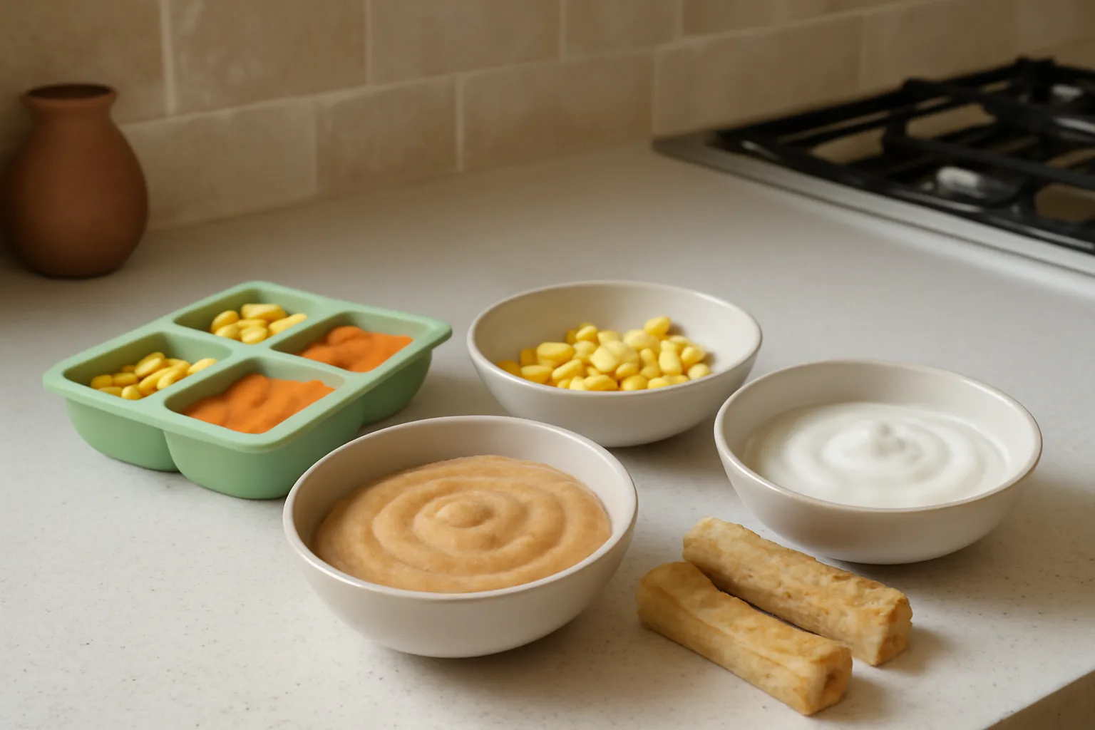Baby allergen foods prepared in small bowls and freezer tray