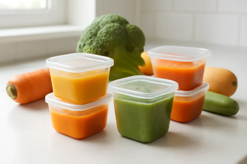 Homemade baby food purees portioned in clear containers