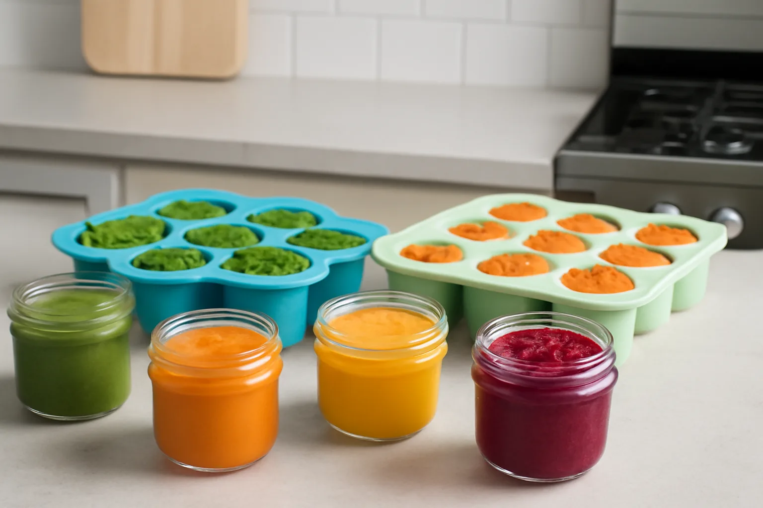 Baby food puree portions in freezer trays and small jars