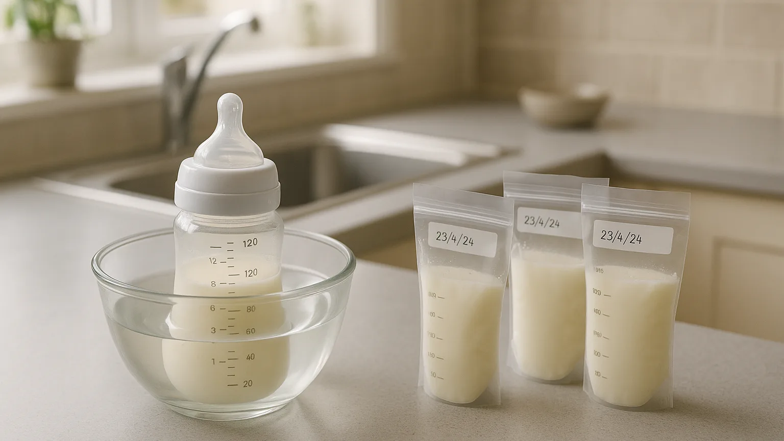 Baby bottle of breast milk warming in water beside labelled storage bags