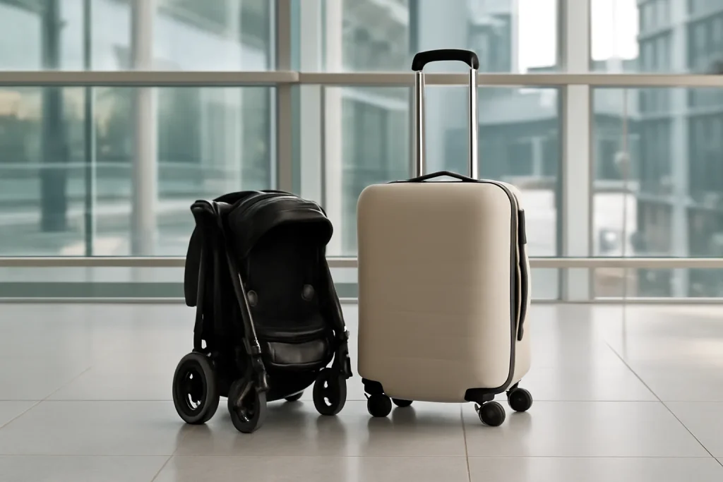 Folded cabin approved pushchair beside carry-on luggage