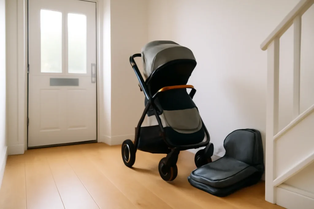 Clean used pushchair prepared for safe sale or donation at home