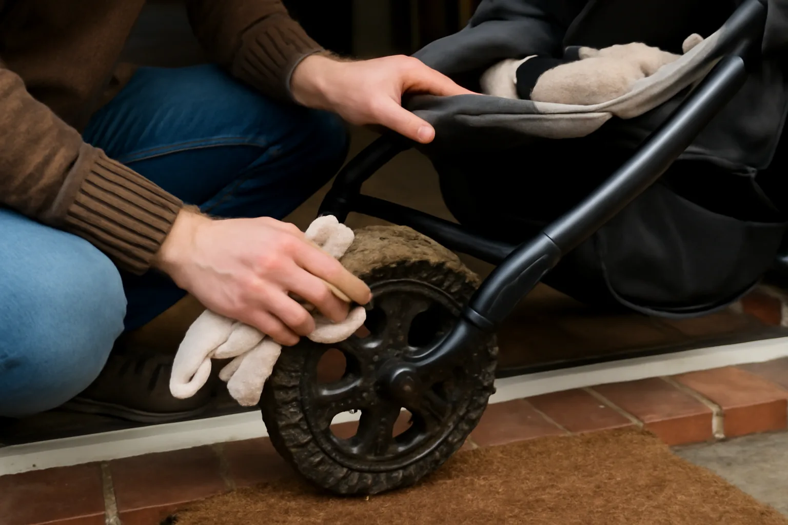 Parent cleaning used pushchair wheels before selling or donating it