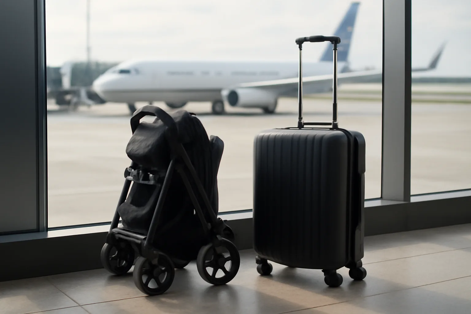 Compact folded pushchair and cabin bag near airport boarding