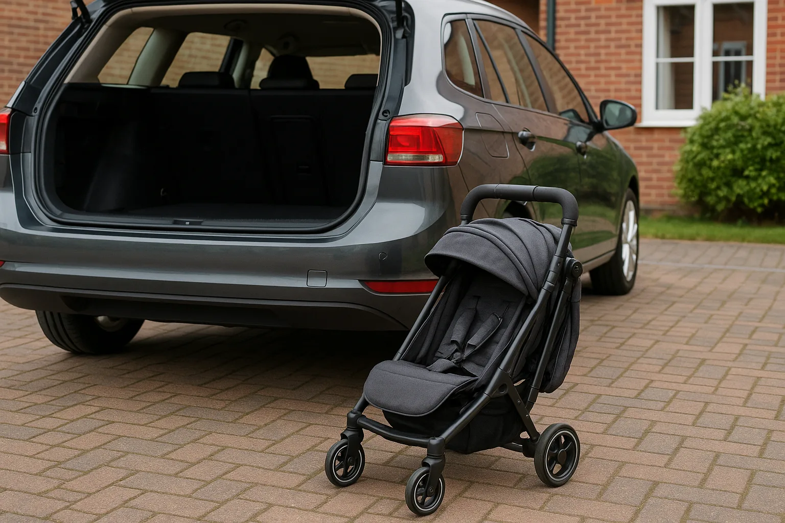 Folded pushchair fitting neatly beside a car boot