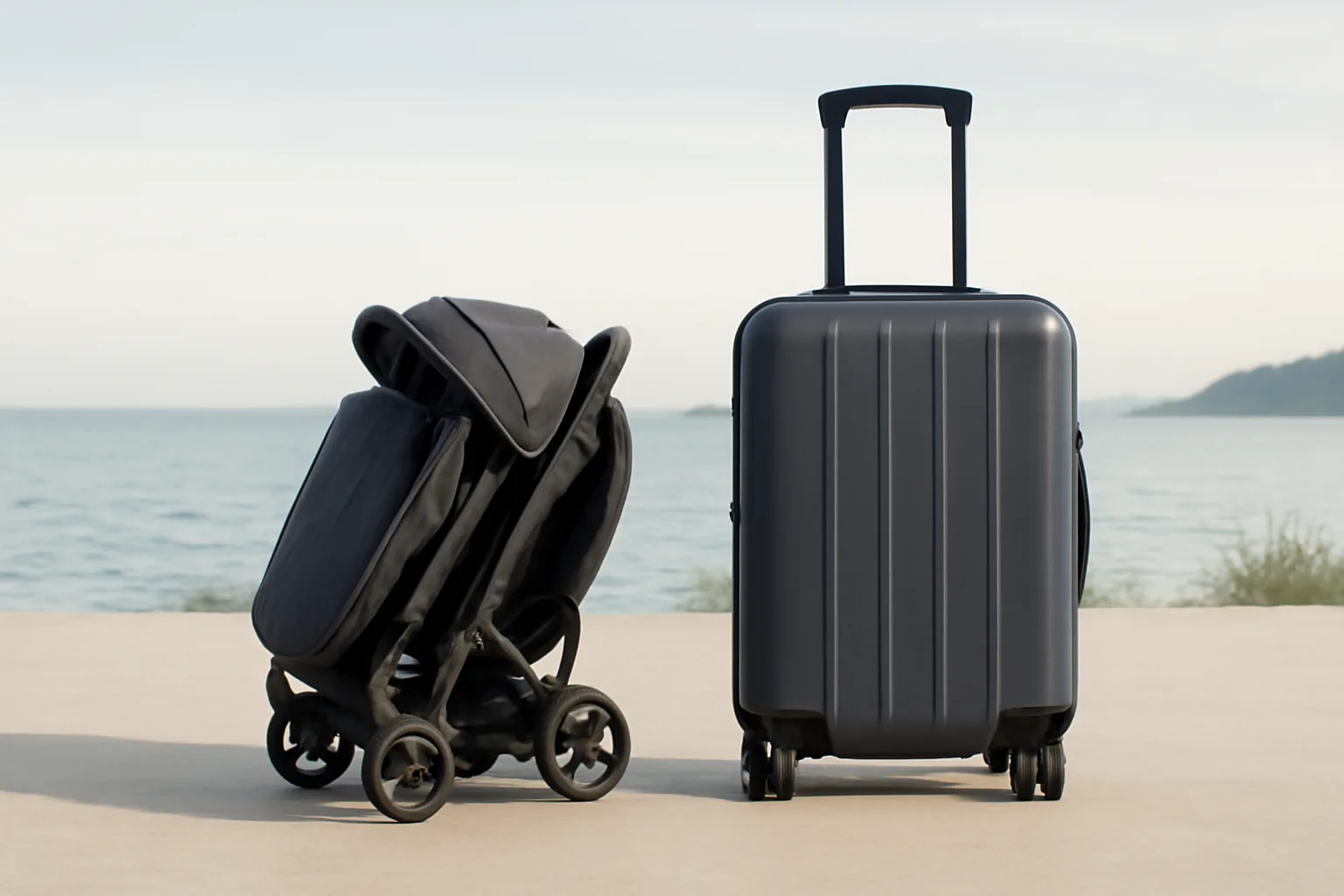 Compact folded pushchair beside cabin luggage for overhead size check