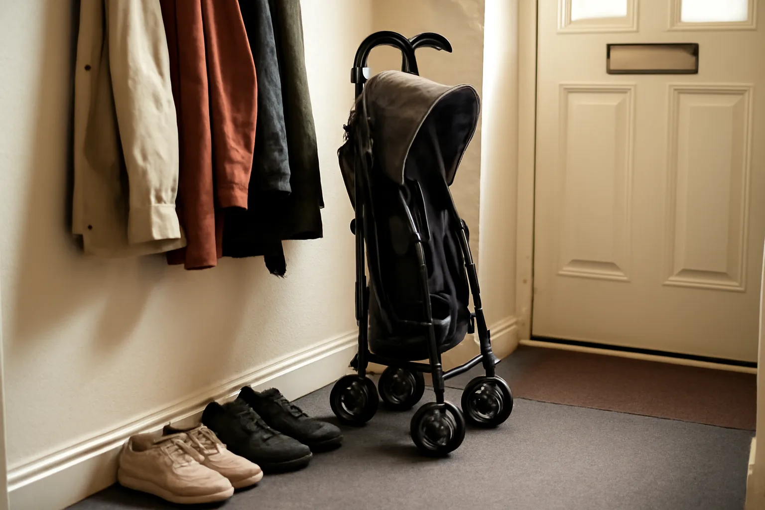 Folded umbrella stroller stored in a narrow hallway