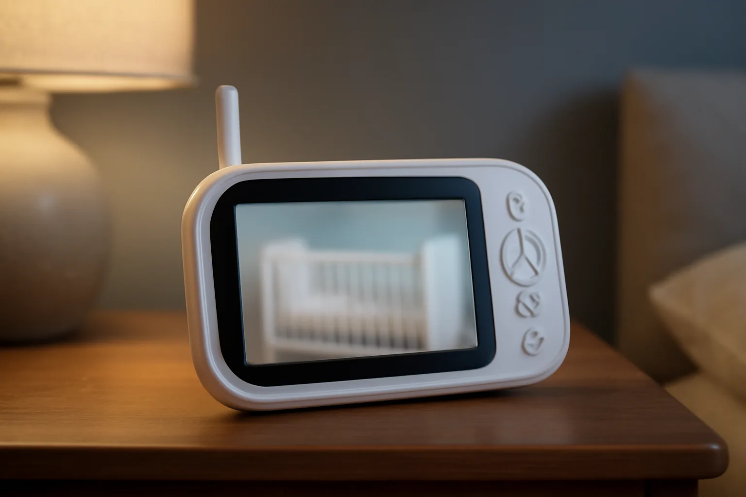Parent unit for a baby monitor on a bedside table showing a nursery view