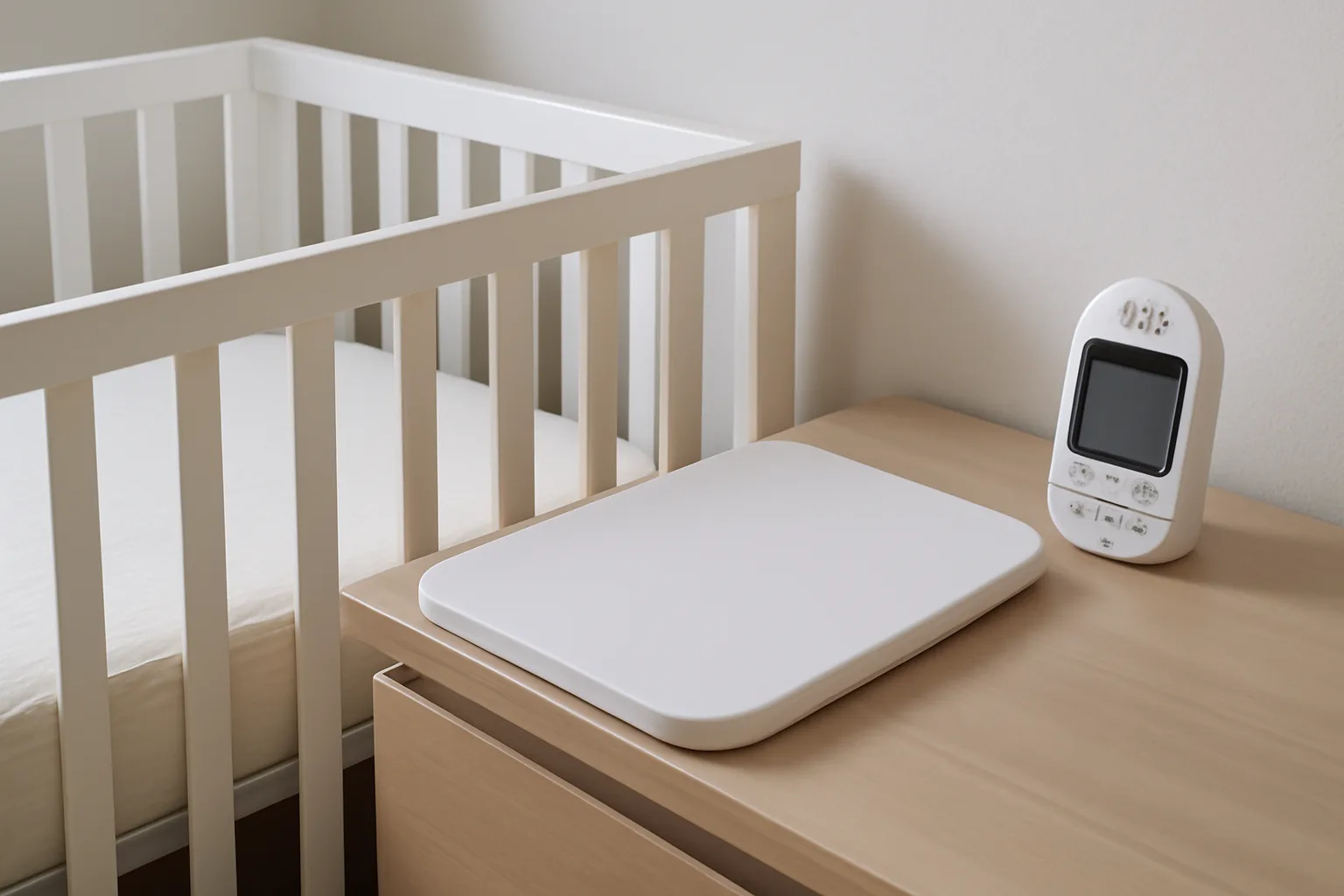 Under-mattress baby movement sensor pad beside a cot mattress before setup
