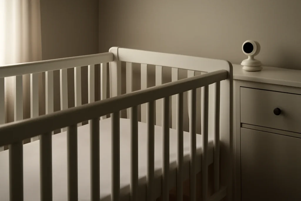 Baby monitor camera set safely away from an empty cot in a calm nursery