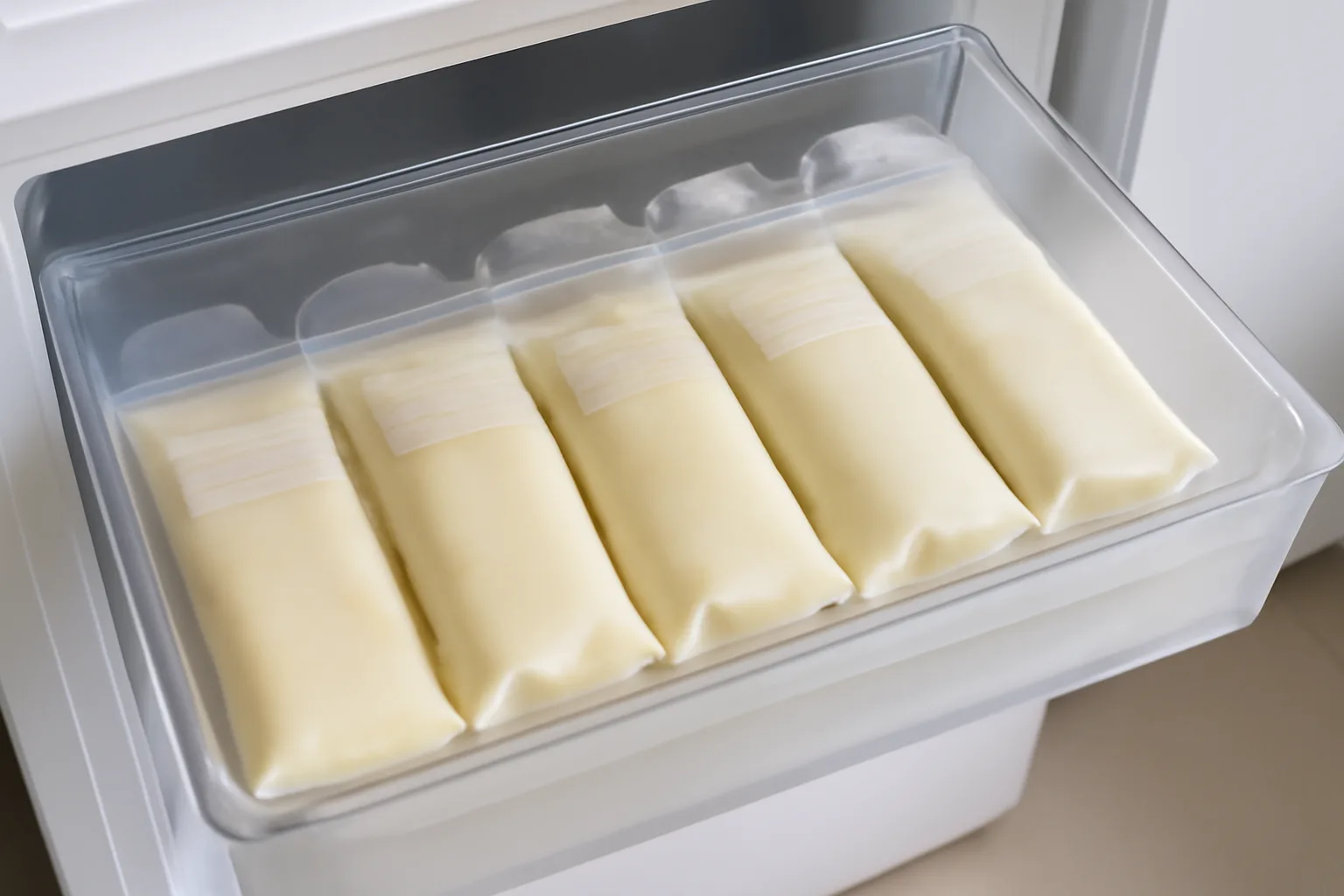 Labelled breast milk storage bags laid flat for freezing