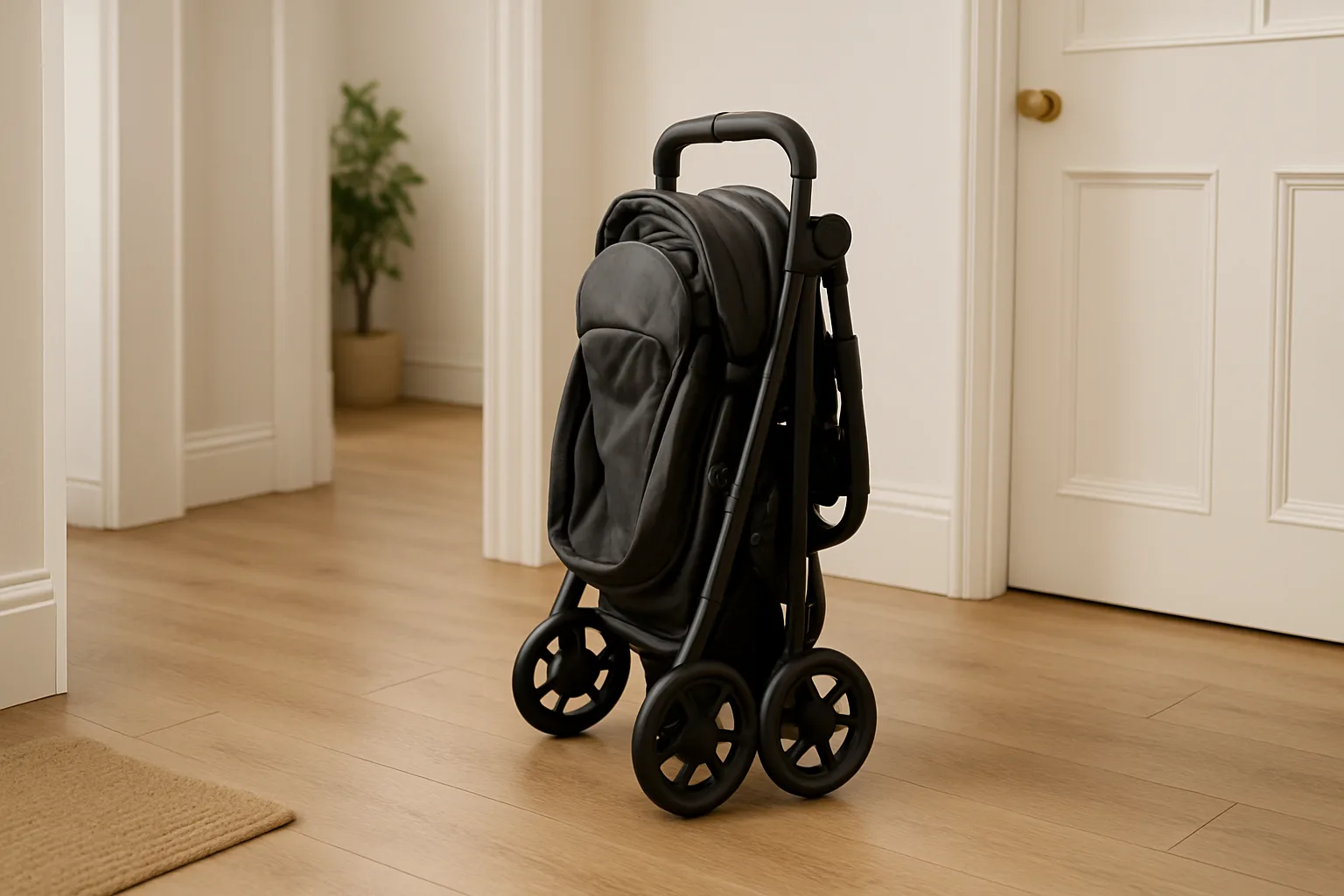 Lightweight pushchair standing folded in a hallway