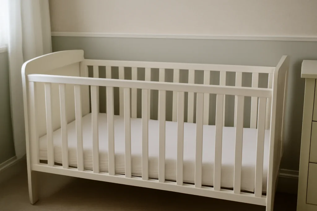 Clear empty cot with a firm mattress for a safe sleep space