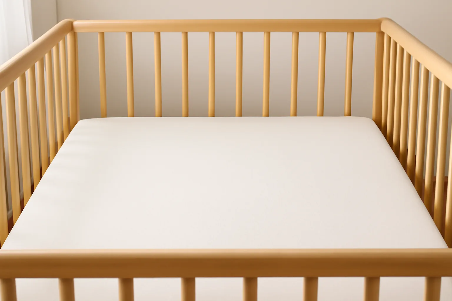 Firm cot mattress with a plain fitted sheet for safe baby sleep