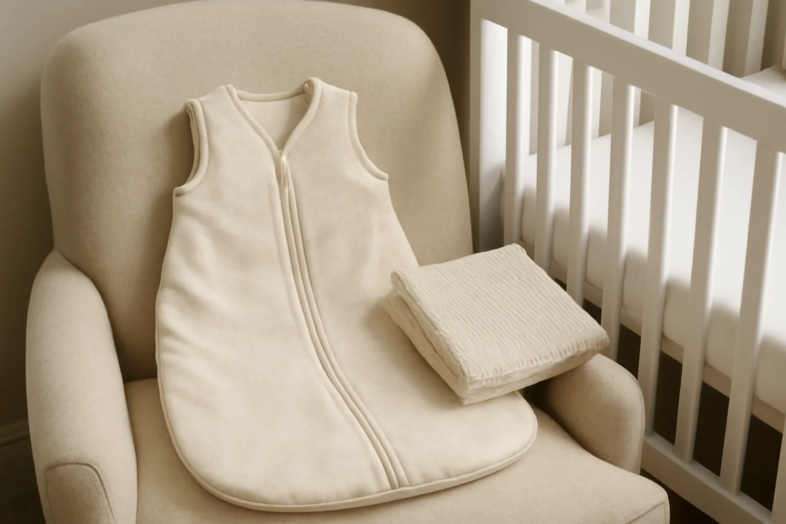 Baby sleeping bag and cellular blanket beside an empty cot