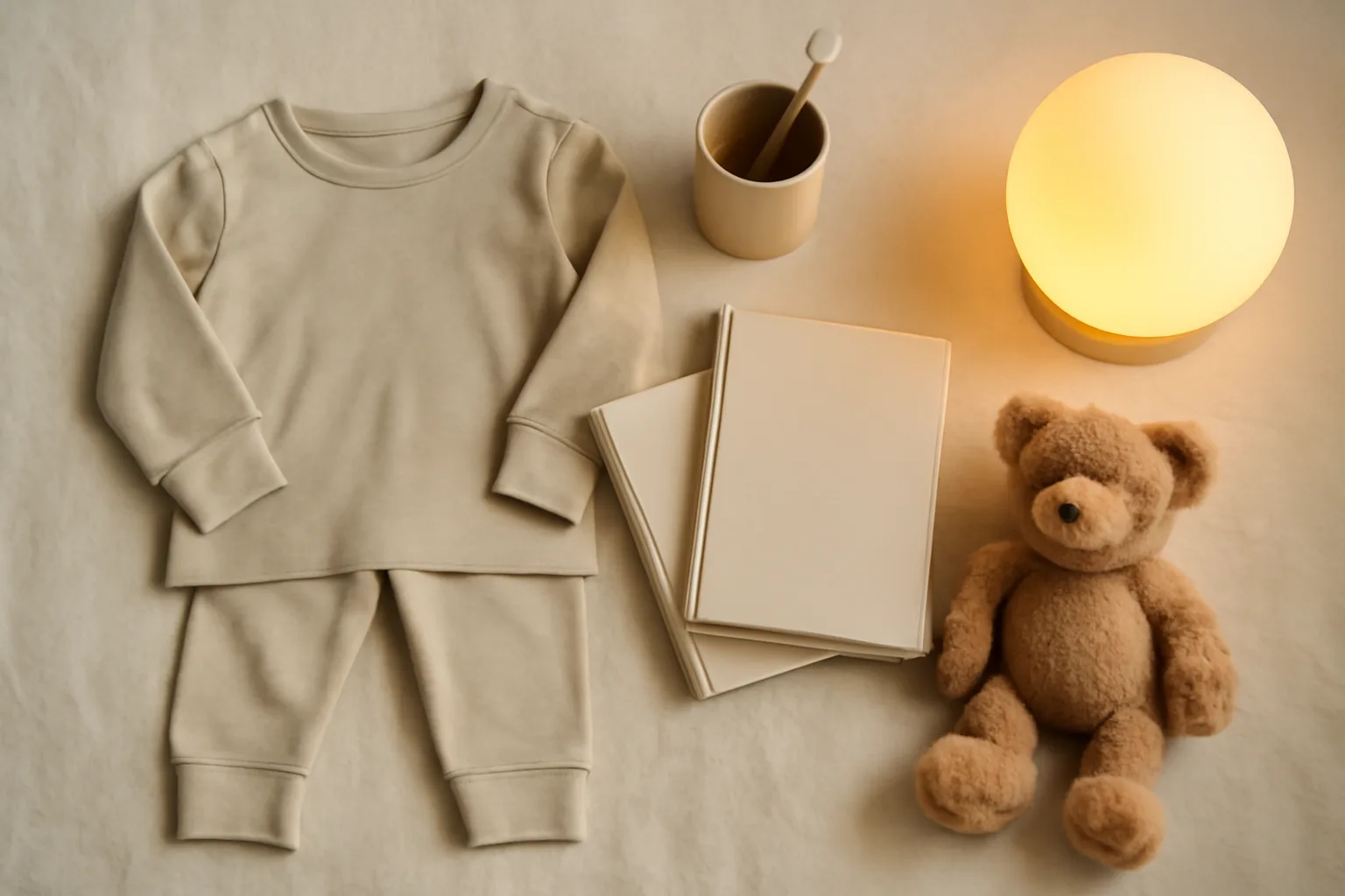 Toddler bedtime routine items with books and pyjamas laid out