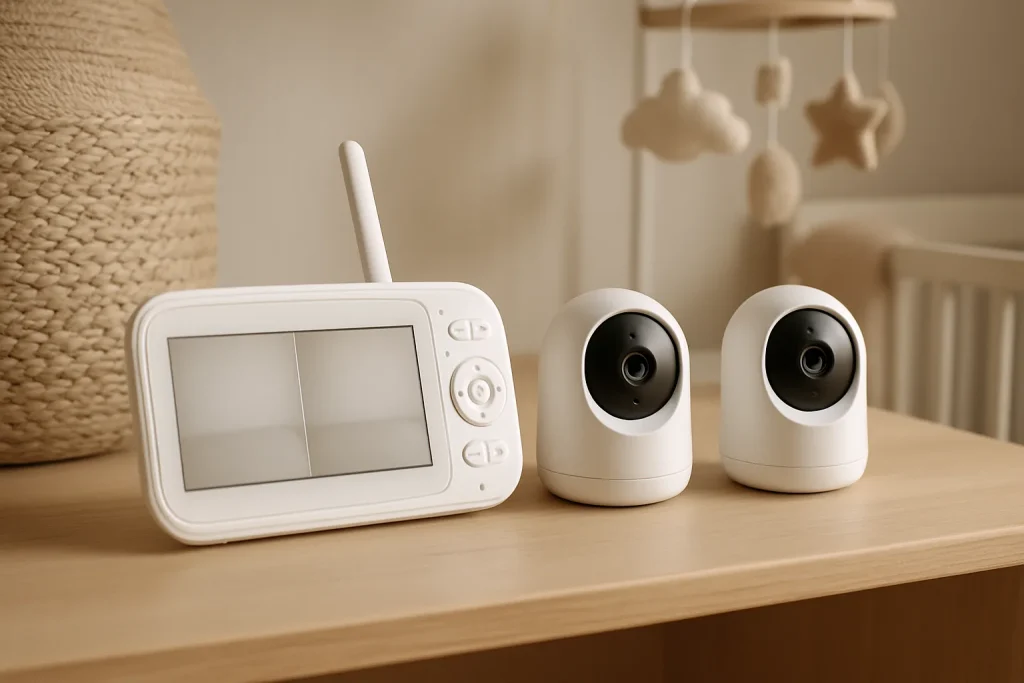Two-room baby monitor with split-screen parent unit