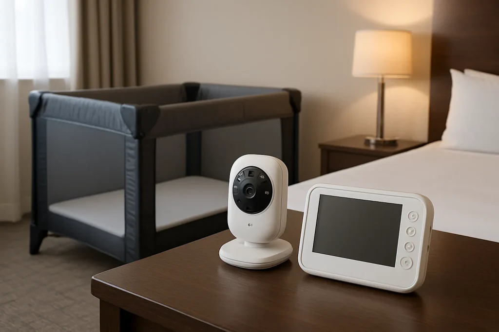 Baby monitor on a hotel table near an empty travel cot