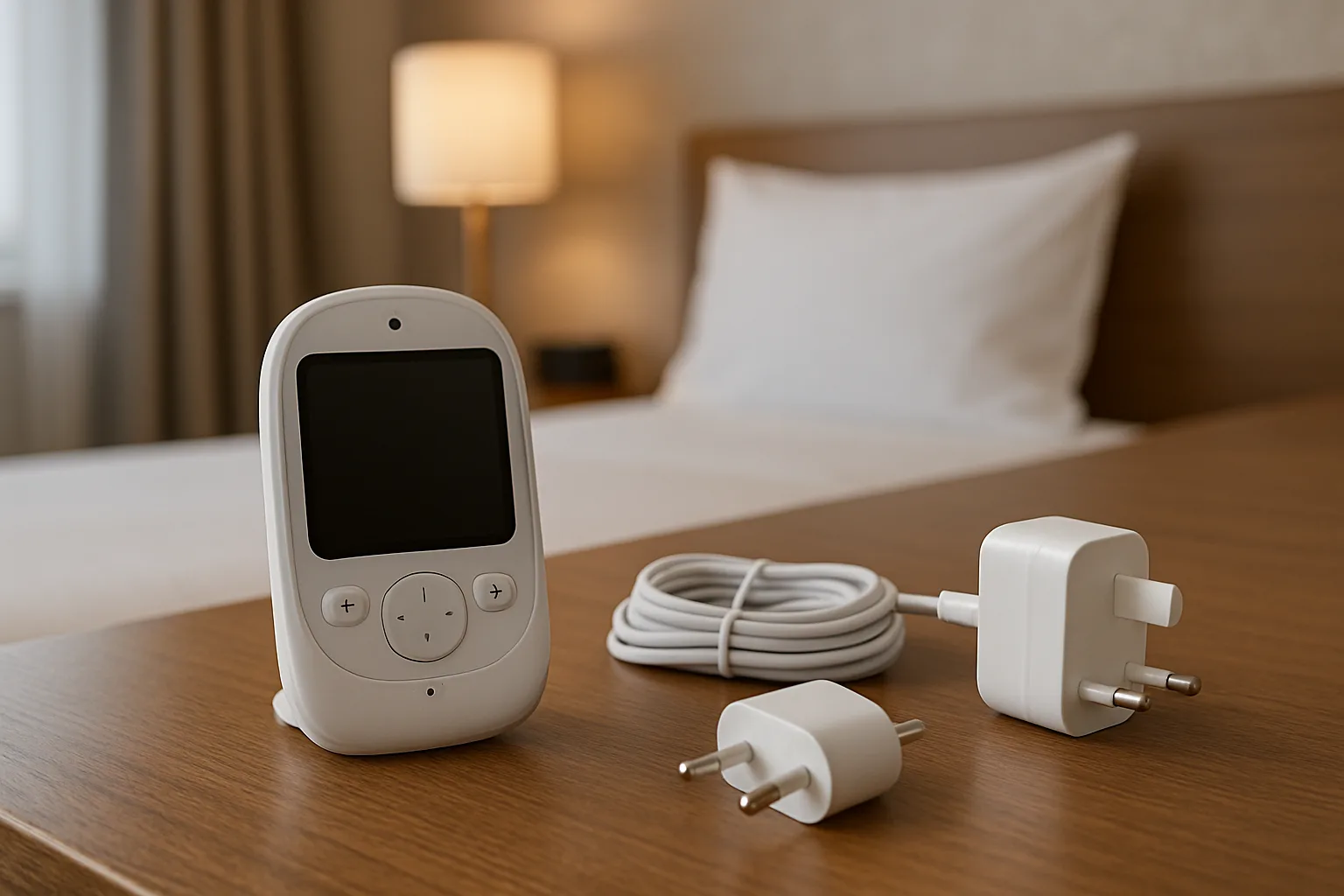 Baby monitor parent unit beside a travel adaptor in a hotel room