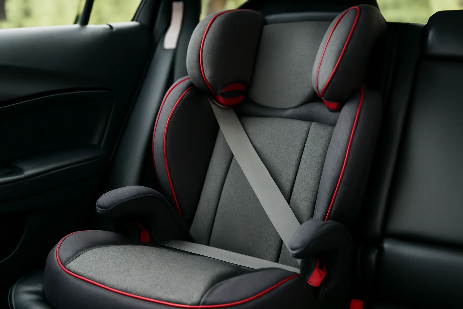 High-back booster seat showing shoulder belt position check