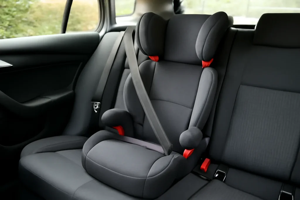 High-back booster seat with belt ready for booster seat fit checks