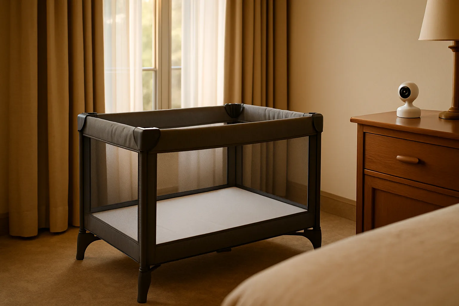 Empty travel cot with a baby monitor camera nearby in a hotel room