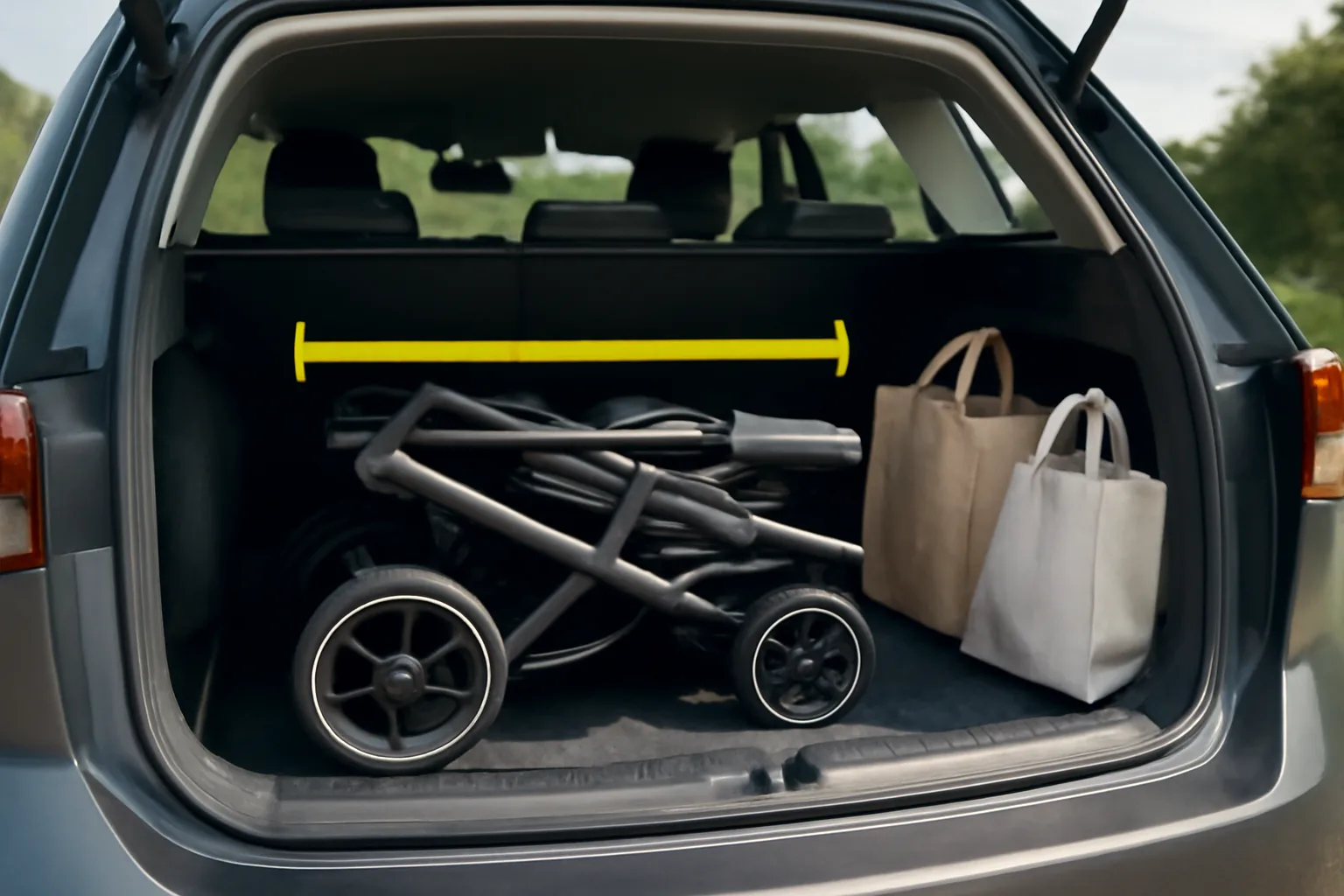 Folded pushchair checked against car boot space