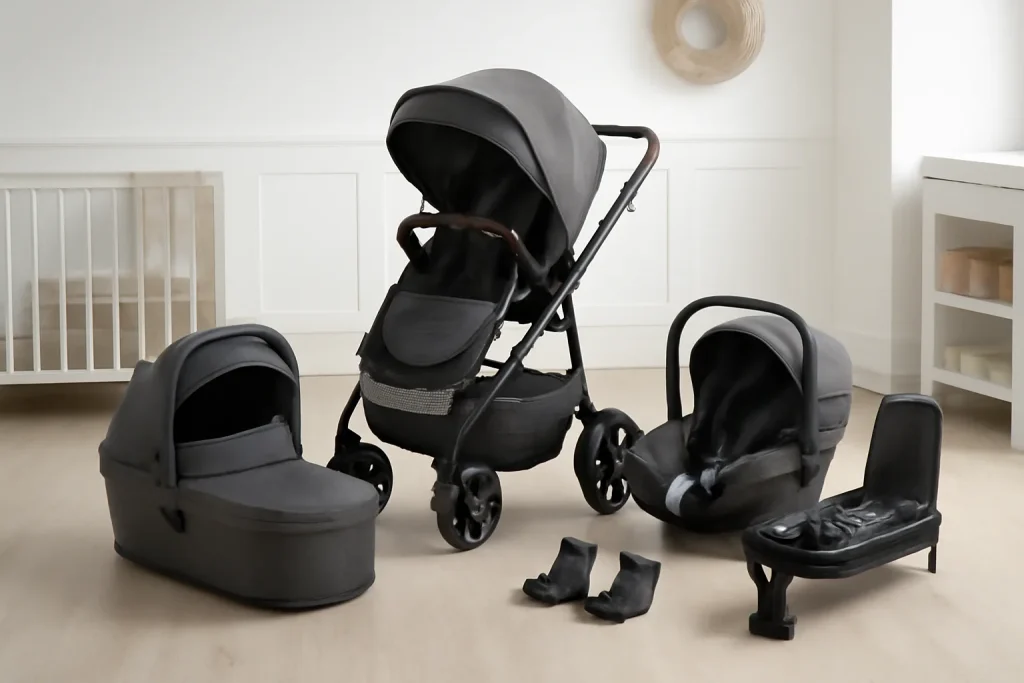 Pram travel system bundle with car seat base and adapters